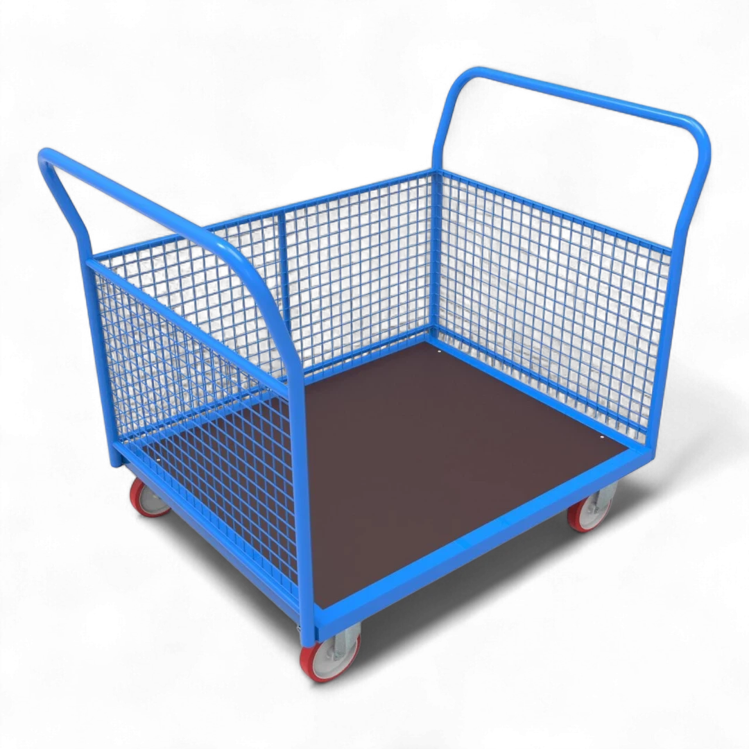 Dreiwandwagen mit stabilen Gitterwänden – Sicherer Transportwagen mit drei Seiten aus Stahlgittern für optimalen Ladungsschutz. Ideal für Lager und Industrie.